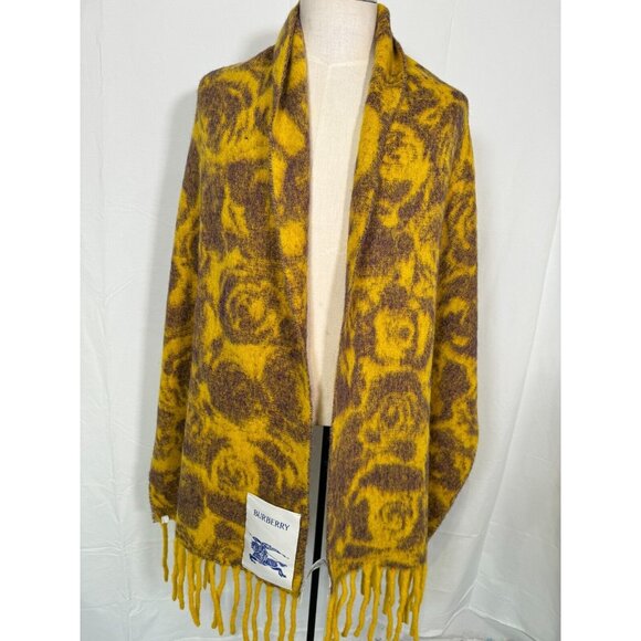 $985 NWT Burberry Mustard Floral Fringe Alpaca Wool Blend Large Shawl Scarf - Picture 7 of 16